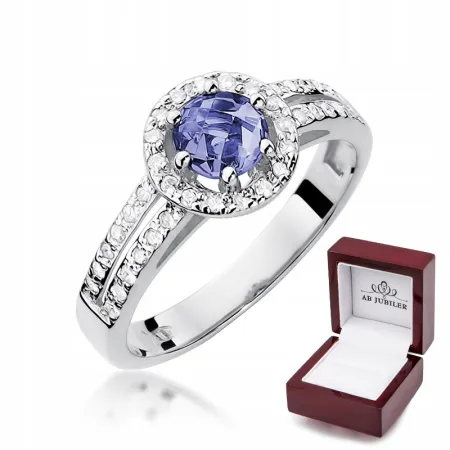 Pierścionek 585 Białe Złoto Tanzanit Diamenty