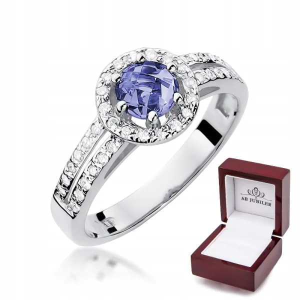 Pierścionek 585 Białe Złoto Tanzanit Diamenty