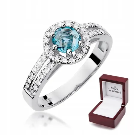 Pierścionek Białe Złoto Topaz Diamenty na Prezent