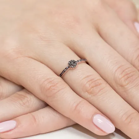 Złoty 585 Pierścionek Zaręczynowy Czarne Brylanty