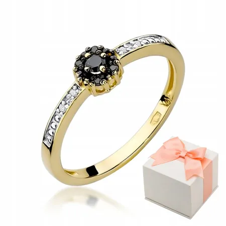 Złoty 585 Pierścionek Czarne i Białe Brylanty