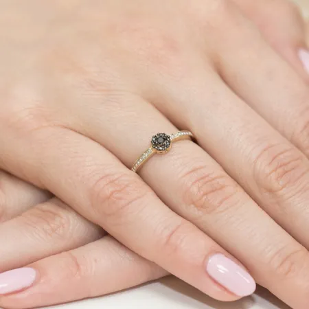 Złoty 585 Pierścionek Czarne i Białe Brylanty