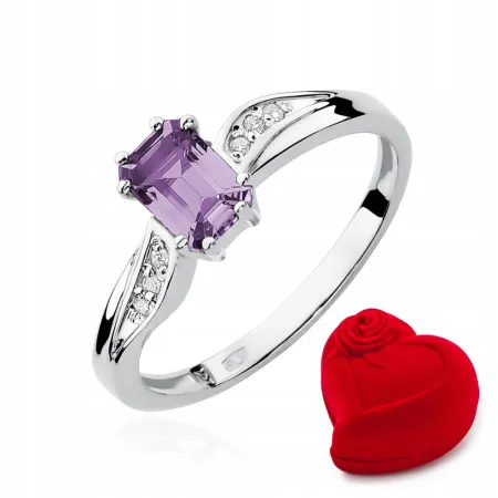 Pierścionek Białe Złoto Ametyst Diamenty Próba 585
