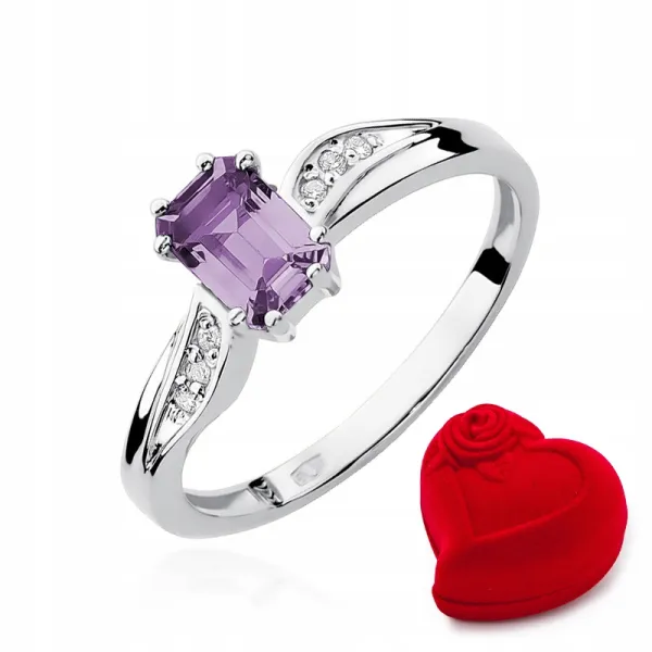 Pierścionek Białe Złoto Ametyst Diamenty Próba 585