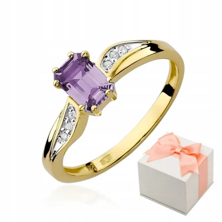 Złoty 585 Pierścionek Ametyst Diamenty Grawer
