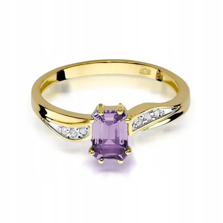 Złoty 585 Pierścionek Ametyst Diamenty Grawer