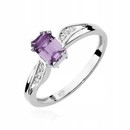 Złoty 585 Pierścionek Ametyst Diamenty Grawer