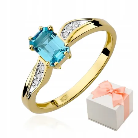 Złoty 585 Pierścionek Topaz Diamenty Grawer