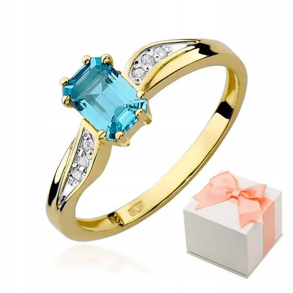 Złoty 585 Pierścionek Topaz Diamenty Grawer