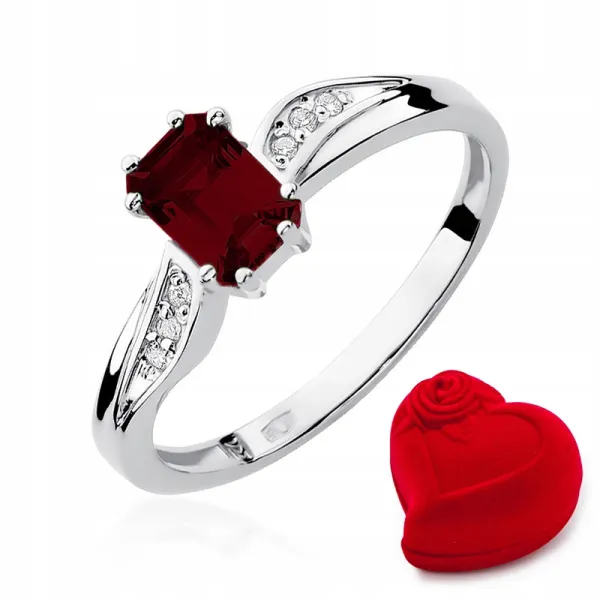 Pierścionek Granat Diamenty Białe Złoto na Prezent