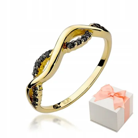 Złoty 585 Pierścionek z Czarnymi Brylantami 