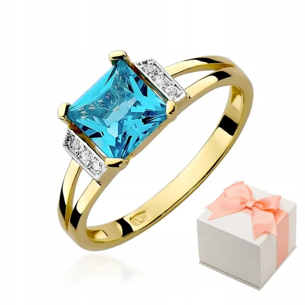 Złoty 585 Pierścionek Topaz Brylanty na Prezent