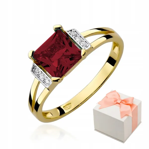 Złoty Pierścionek Zaręczynowy Granat Diamenty 585