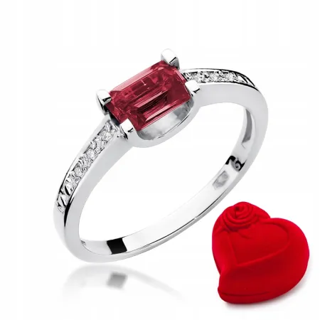 Pierścionek Białe Złoto Rubin Diamenty na Prezent