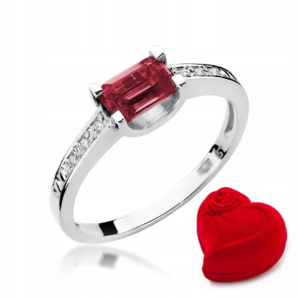 Pierścionek Białe Złoto Rubin Diamenty na Prezent