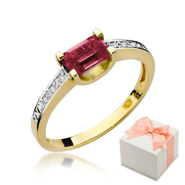 Złoty 585 Pierścionek Zaręczynowy Rubin Diamenty 