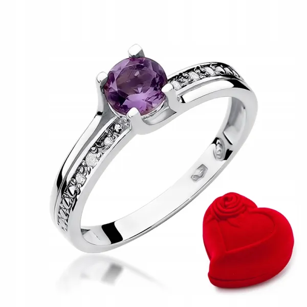 Pierścionek Białe Złoto Ametyst Diamenty Próba 585