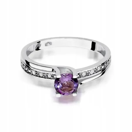 Pierścionek Białe Złoto Ametyst Diamenty Próba 585