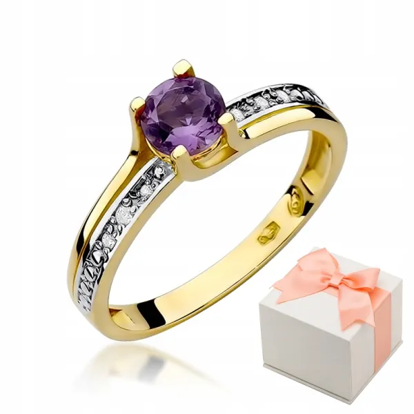 Złoty 585 Pierścionek Zaręczynowy Ametyst Diamenty