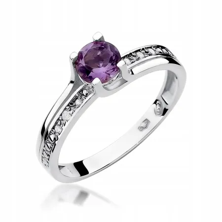 Złoty 585 Pierścionek Zaręczynowy Ametyst Diamenty