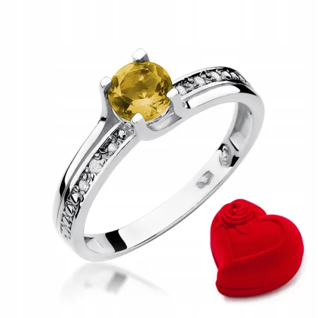 Pierścionek Białe Złoto Cytryn Diamenty Próba 585