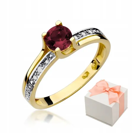 Złoty 14K Pierścionek Zaręczynowy Granat Diamenty