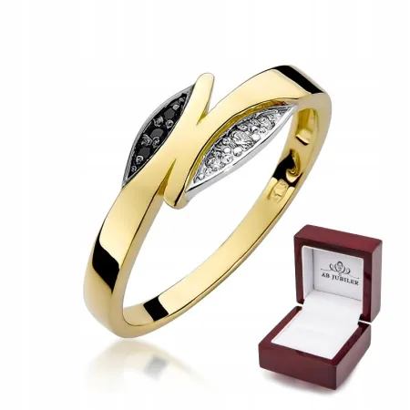 Złoty Modny 585 Pierścionek Czarny Brylant Grawer