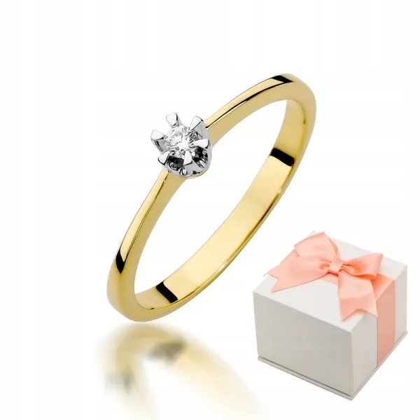 Złoty 585 Pierścionek Zaręczynowy Brylant Grawer