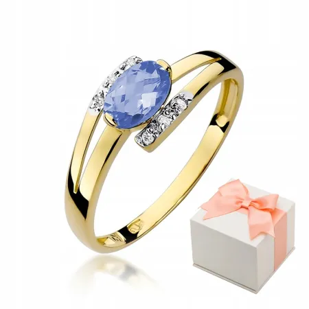 Złoty 585 Pierścionek Zaręczynowy Tanzanit Diament