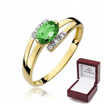 Złoty 585 Pierścionek Zaręczynowy Szmaragd Brylant