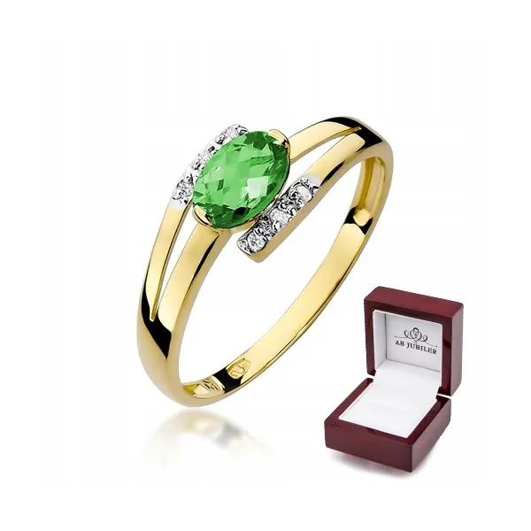 Złoty 585 Pierścionek Zaręczynowy Szmaragd Brylant