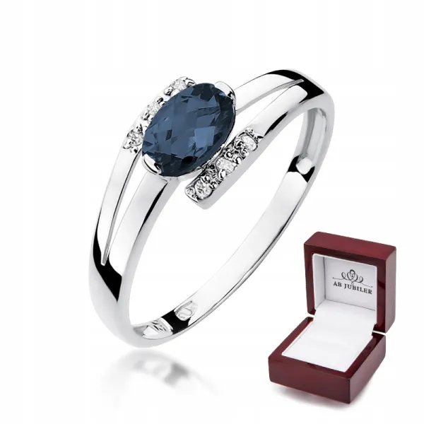 Złoty 585 Pierścionek Zaręczynowy Szafir Diamenty