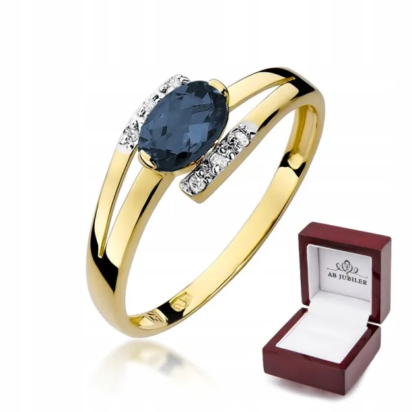 Pierścionek 585 Złoty Zaręczynowy Szafir Diamenty