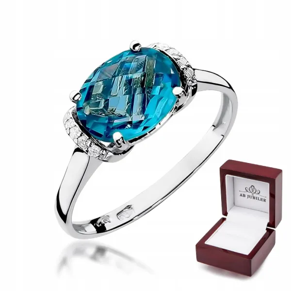 Pierścionek 585 Białe Złoto Topaz 1,70ct Diamenty