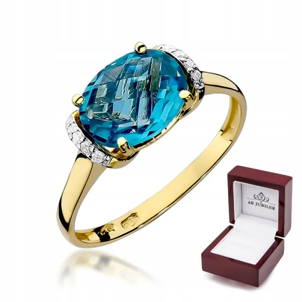 Złoty 585 Pierścionek Topaz Diament Grawer Prezent