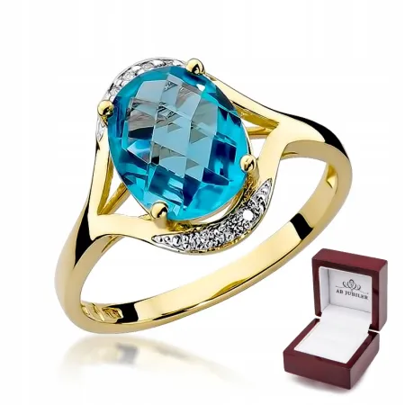 Złoty 585 Pierścionek Topaz Diamenty na Prezent