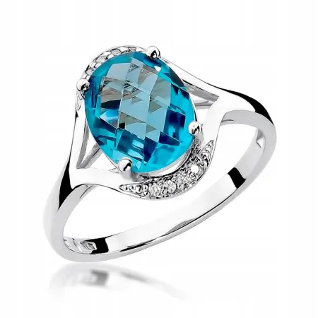 Złoty 585 Pierścionek Topaz Diamenty na Prezent