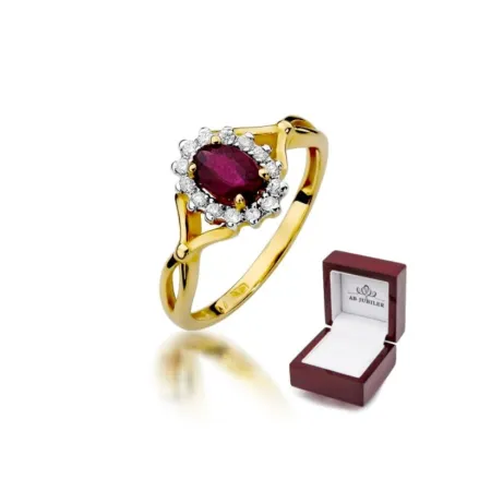 Złoty Pierścionek Rubin 0,60 ct Brylanty 585Grawer