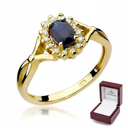 Złoty 585 Pierścionek Zaręczynowy Szafir Diamenty
