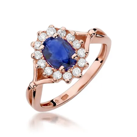 Złoty 585 Pierścionek Szafir 0,90ct Diament Grawer