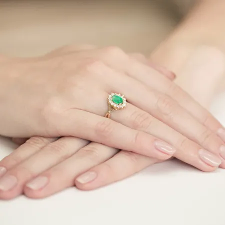 Złoty 585 Pierścionek Szmaragd 0.80ct Diamenty 