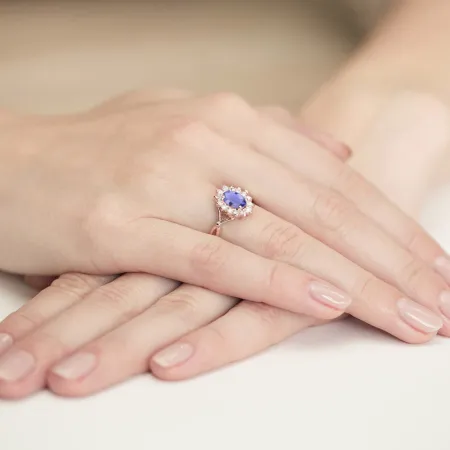 Złoty 585 Pierścionek Tanzanit 0.70ct Diamenty 