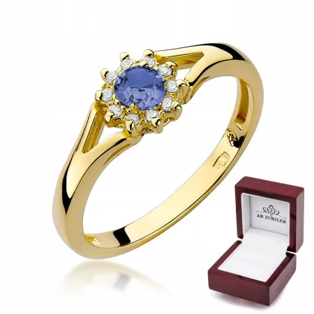 Złoty 585 Pierścionek Tanzanit Brylanty na Prezent