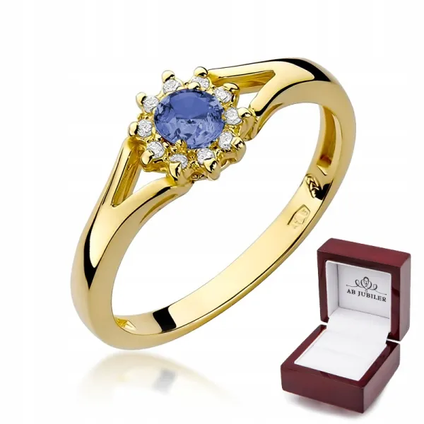 Złoty 585 Pierścionek Tanzanit Brylanty na Prezent