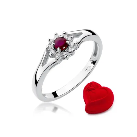 Pierścionek 585 Białe Złoto Rubin Diamenty Grawer