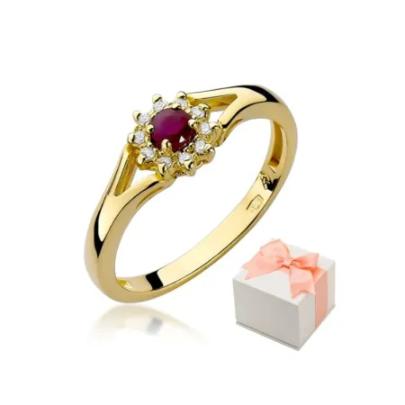 Złoty 585 Pierścionek Rubin Diamenty na Prezent