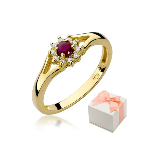 Złoty 585 Pierścionek Rubin Diamenty na Prezent