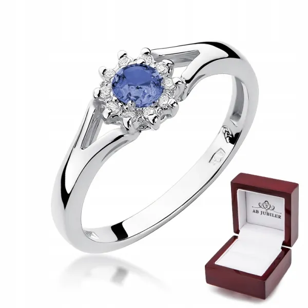Pierścionek 585 Tanzanit Diamenty Białe Złoty 