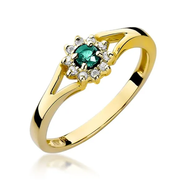 Złoty 14K Pierścionek Szmaragd Brylanty Grawer