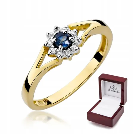 Złoty Pierścionek Zaręczynowy 585 Szafir Diamenty
